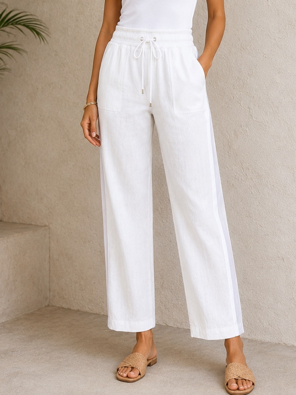 White Drawstring Straight Leg Linen Pants with White Stretch Panel Down the Leg